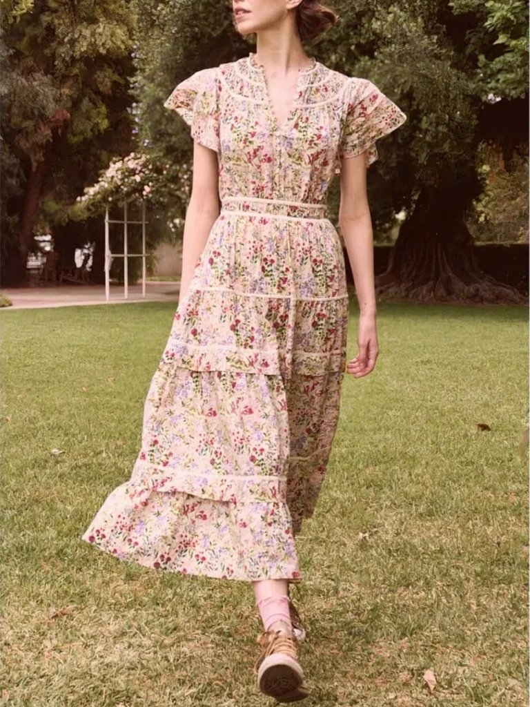 The Great. Midi Floral Smocked The Storyteller Tiered Dress Size 1/S